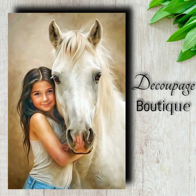 Papel De Seda Cavalo Branco Abraço Decoupage (White Horse Hug Decoupage Tissue Paper)