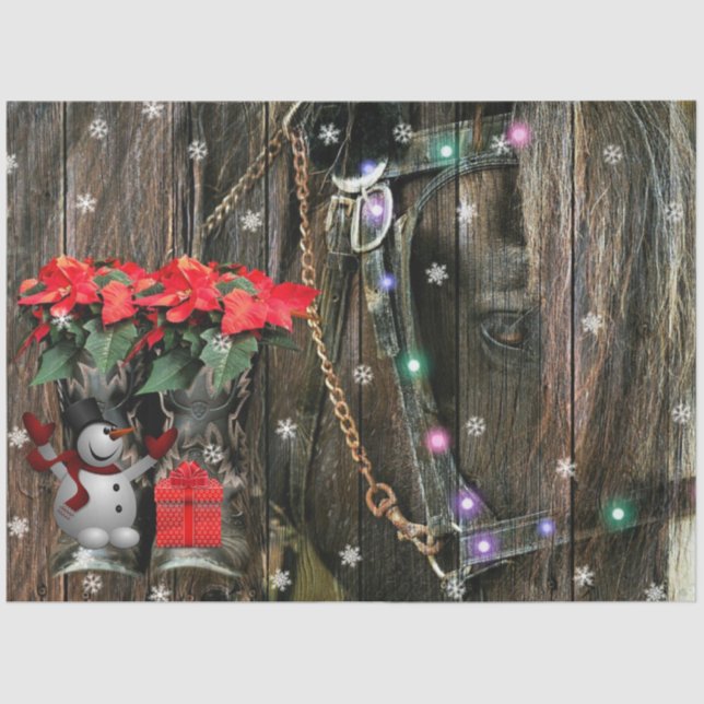 Papel De Seda Cavalo de Natal Botas de vaqueiro Poinsettia Snowm (Frente )