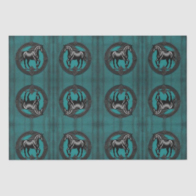 Papel De Seda Cavalo Negro Teal Equestre do País Ocidental (Frente )
