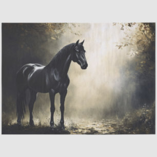 Papel De Seda Cavalo Preto em Floresta de Outono Nebulosa