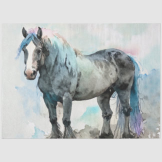 Papel De Seda Cavalo Shire Gentil Aquarela Azul