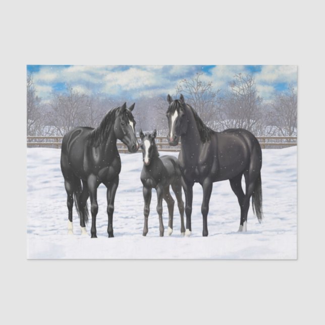 Papel De Seda Cavalos Do Quarto Negro Na Neve (Frente )