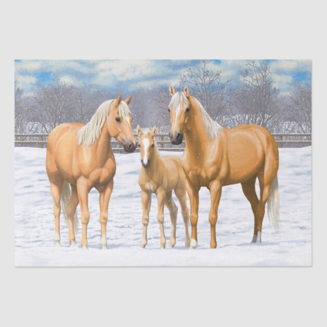 Papel De Seda Cavalos Do Quarto Palomino Na Neve De Inverno (Frente )