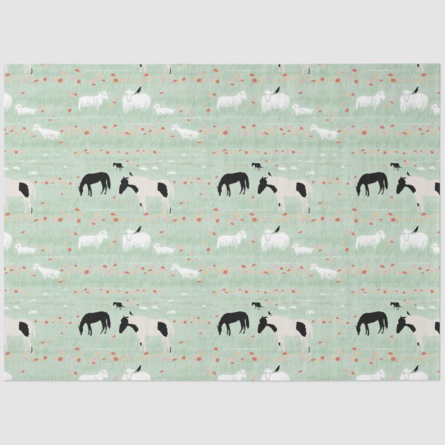 Papel De Seda Cavalos Flores Laranja Rosa-Rosa-Fazenda (Frente )