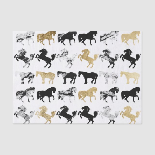 Papel De Seda Cavalos modernos de mármore Dourados e preto e (Frente )
