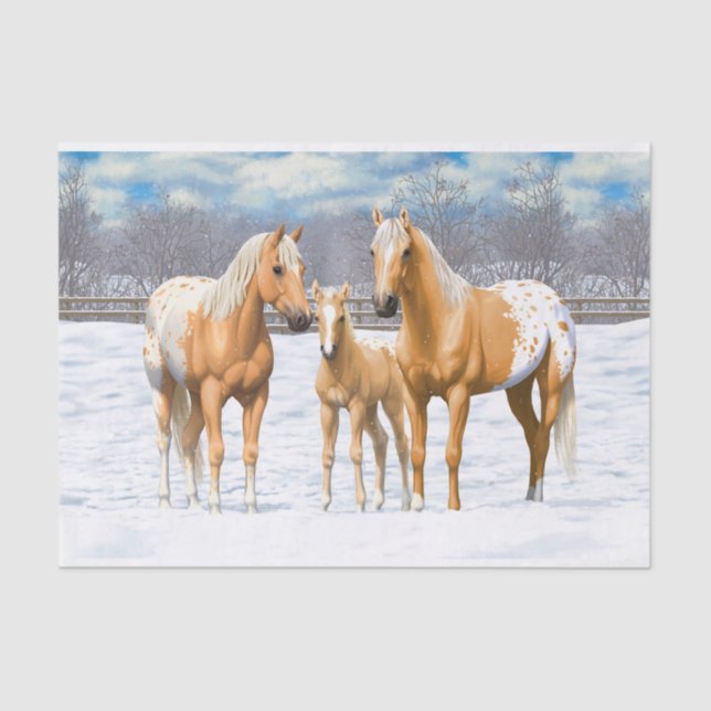 Papel De Seda Cavalos Palomino Appaloosa Na Neve (Frente )