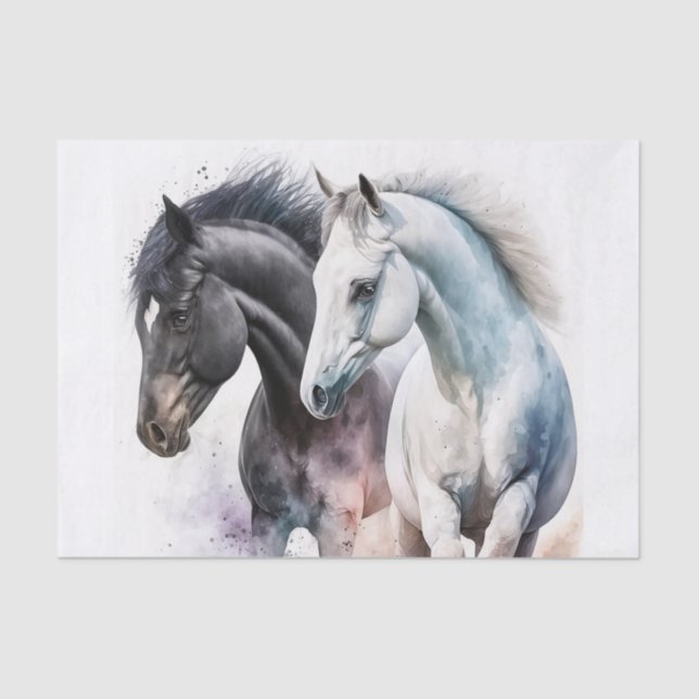 Papel De Seda Cavalos Pretos e Brancos em Aquarela (Frente )