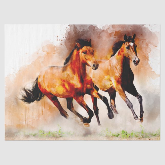 Papel De Seda Cavalos que Executam Arte de Decoupage de Aquarela (Frente )