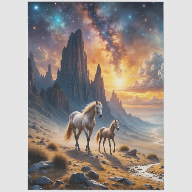 Papel De Seda Cavalos selvagens no deserto Mare e no polo sob es (Frente )