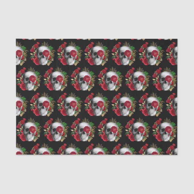 Papel De Seda Caveira do gótico com Flores Vermelhas Padrão (Frente )