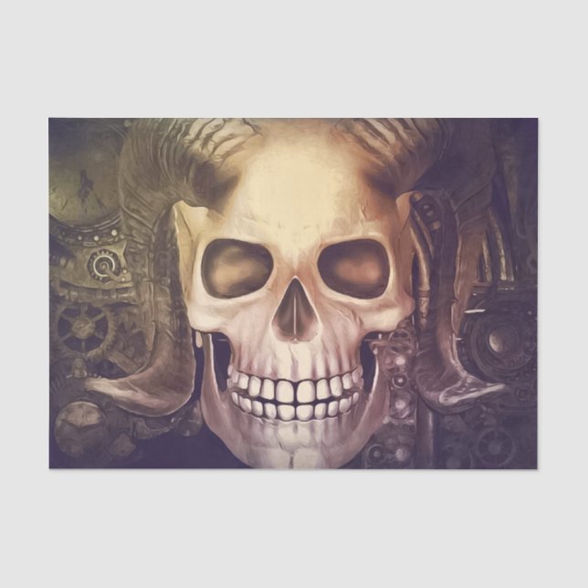 Papel De Seda Caveira Steampunk com Chifres e Engrenagens (Frente )