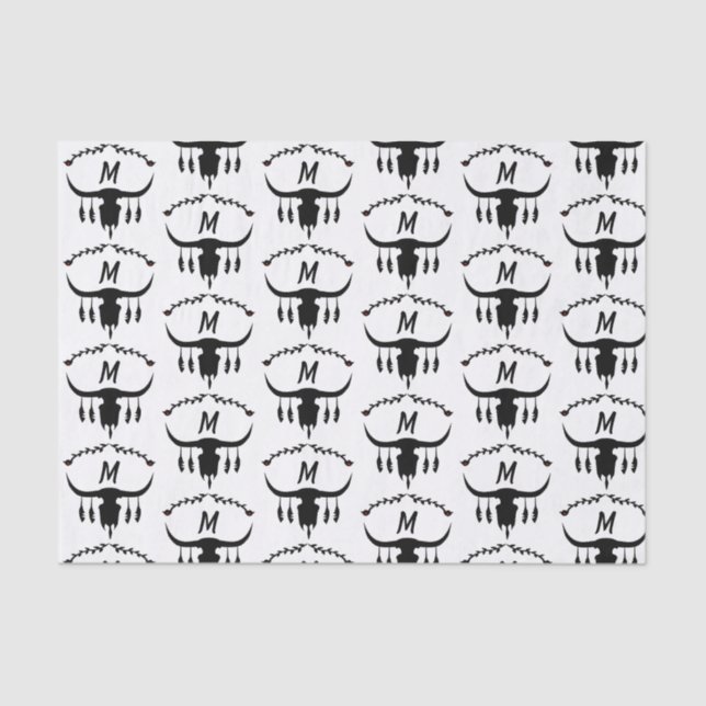 Papel De Seda Caveira-Touro com Penas Negras Silhout (Frente )