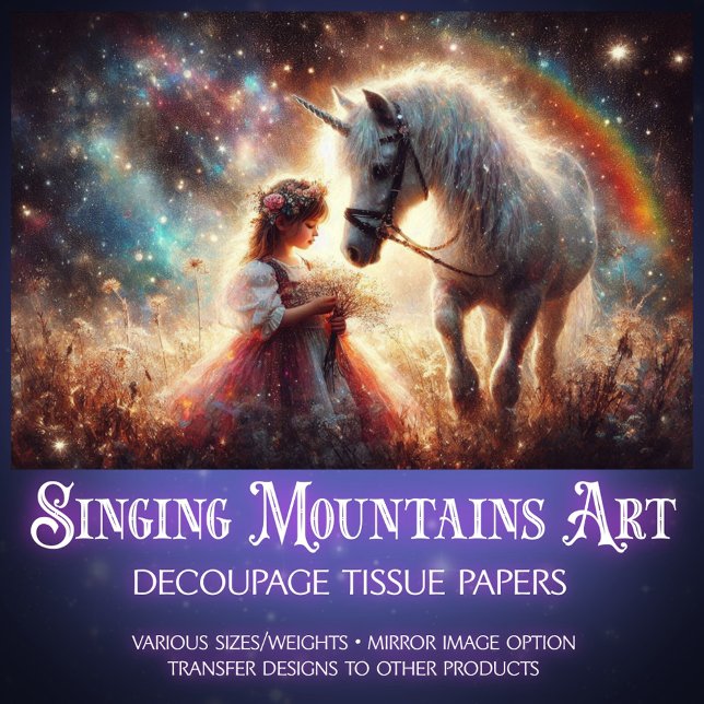 Papel De Seda Celestial Fantasy Unicorn In Meadow Decoupage  (Criador carregado)