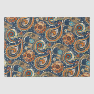 Papel De Seda Celestial Paisley Patterno Azul, Laranja, Dourado