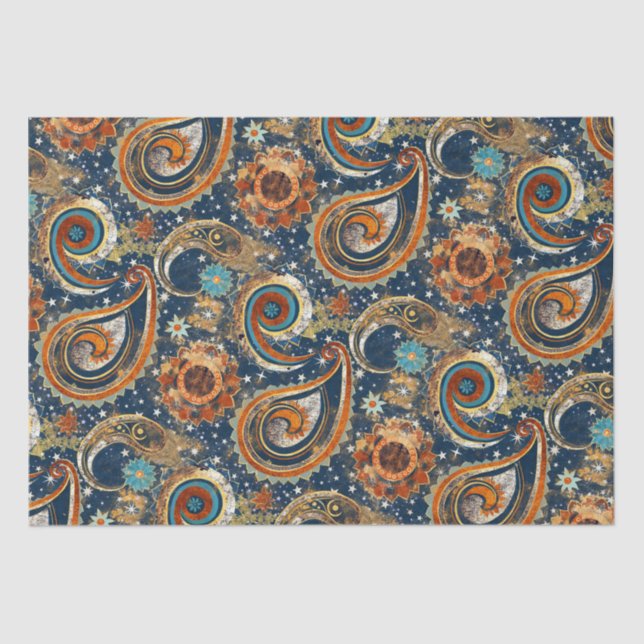 Papel De Seda Celestial Paisley Patterno Azul, Laranja, Dourado (Frente )