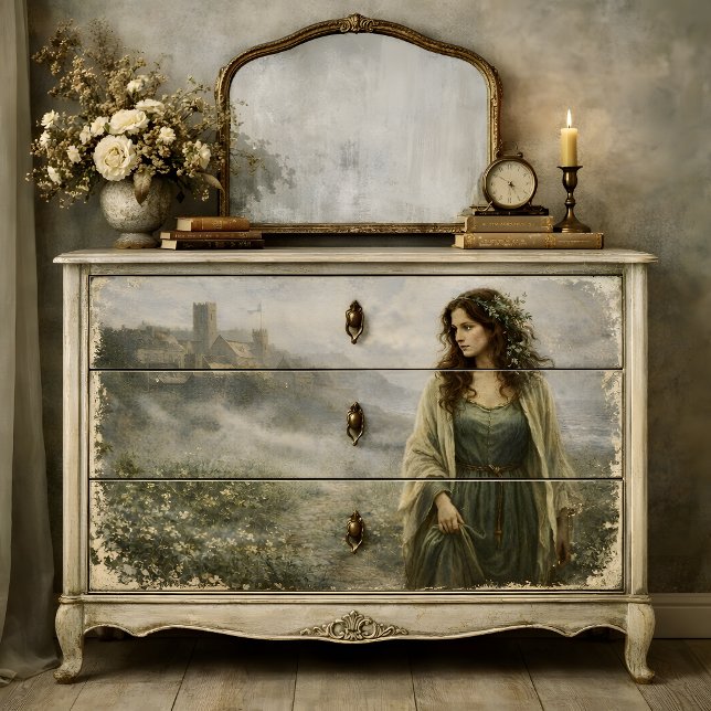 Papel De Seda Cena de Decoupage de Mulher Medieval em Paisagem d (Medieval Woman Village Landscape Scene Decoupage Tissue Paper Mockup)