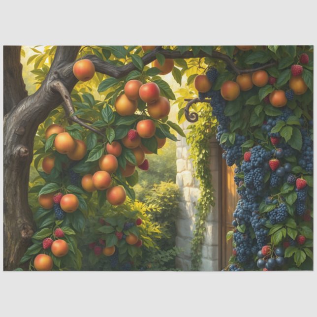 Papel De Seda Cena De Jardim Lush Com Maçãs E Uvas De Ripe (Frente )