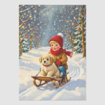 Cena de Natal Antiga, Menino no Trenó com Cachorri