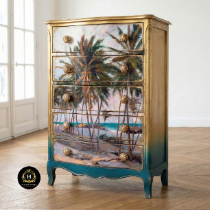 Papel De Seda Cena de Praia com Palmeira Tropical Vintage em Dec
