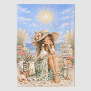 Papel De Seda Cena de Praia Feminina em Estilo Boho Fofo Decoupa