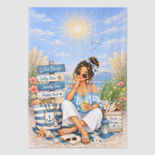 Papel De Seda Cena de Praia Feminina em Estilo Boho Fofo para De