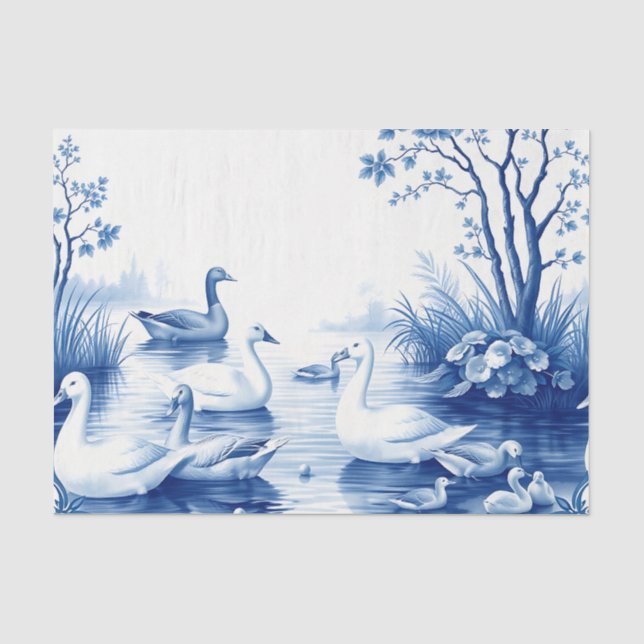 Papel De Seda Cena do Lago dos Cisnes Blue Willow (Frente )