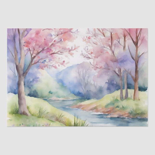 Papel De Seda Cena Natural de Primavera de Aquarela (Frente )