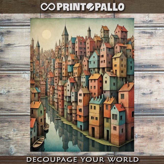 Papel De Seda Cenário surreal da cidade ribeirinha em tons paste (Criador carregado)
