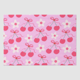 Papel De Seda Cerejas Coquete com Laços Vermelhos e Flores Branc