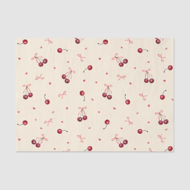 Papel De Seda Cerejas Rosa Vermelho Fofo Corações Laços em Creme (Frente )