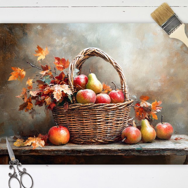 Papel De Seda Cesta de Frutas de Outono (Tissue paper sheets showing a still life painting with apples in a basket, laid flat on white wood.)