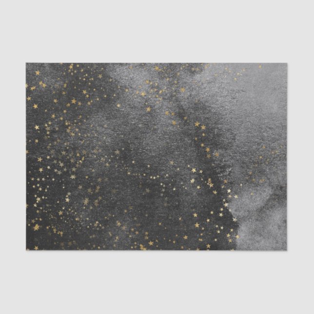 Papel De Seda Céu noturno preto tinta com campo de estrelas dour (Frente )
