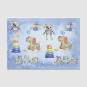 Papel De Seda Chá de Bebê Azul Aquarela Brinquedos Vintage