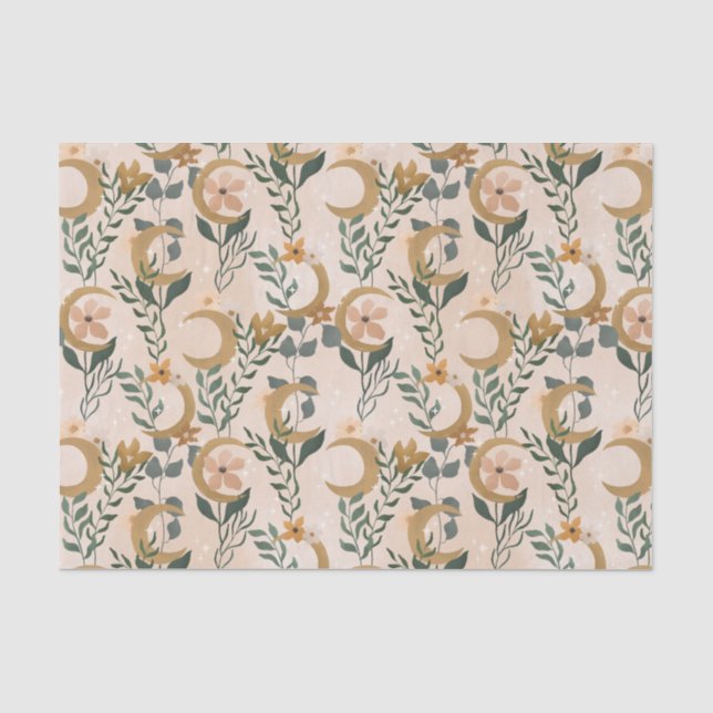 Papel De Seda Chá de Bebê de Noiva Boho Rosa Verde Botânico Lua (Frente )