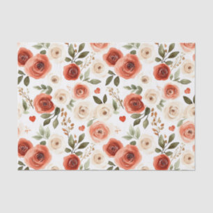 Papel De Seda Chá de Noiva Corações Vermelhos e Flores Creme