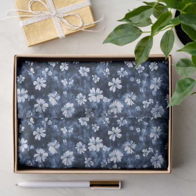 Papel De Seda Chá de Noiva Flores Azul Denim (Presente)