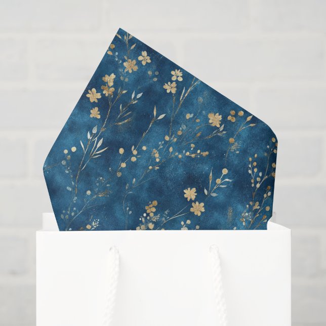 Papel De Seda Chá de Noiva Flores Azul Dourado (Sacola de presentes)