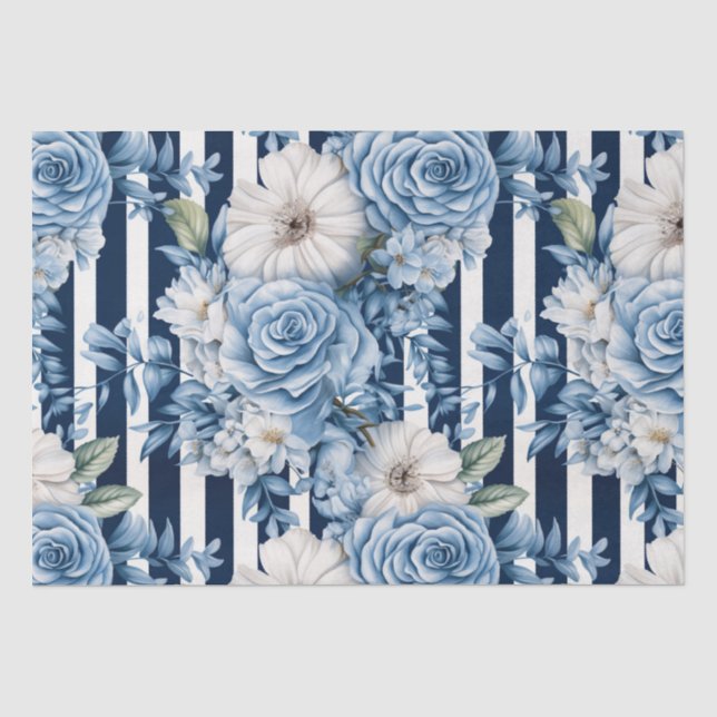 Papel De Seda Chá de Noiva Listras Florais Azul Marinho (Frente )