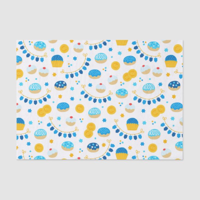 Papel De Seda Chanukah Dreidels Doughnut Azul Dourado (Frente )