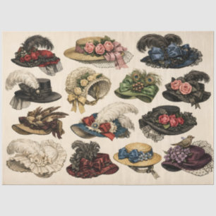 Papel De Seda Chapéus de senhora vintage vitorianos com penas, f