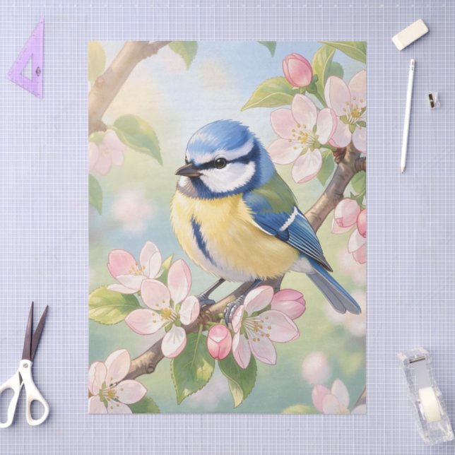 Papel De Seda Chapim-azul em Decoupage de Macieira na Primavera (Arte )