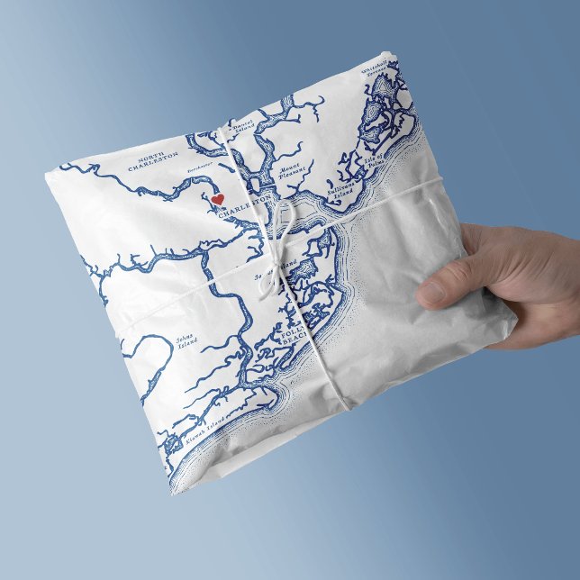 Papel De Seda Charleston Carolina do Sul Mapa Elegante Marinho A (Charleston South Carolina Map tissue paper in elegant navy blue from Coastal Map Designs)
