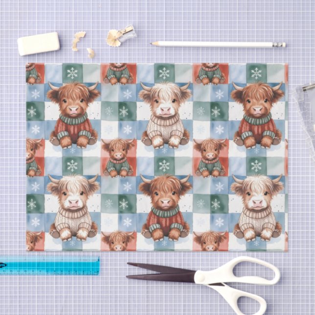 Papel De Seda Checkered Christmas Highland Cow Red Green Blue  (Arte )