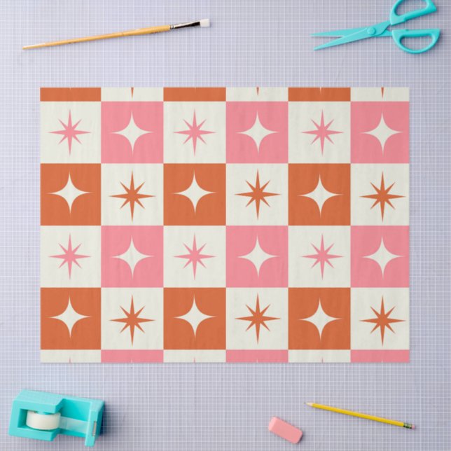 Papel De Seda Checkered Mid Century Atomic Stars Pink Orange  (Arte )