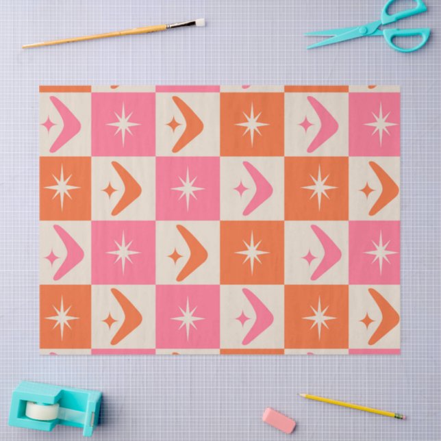 Papel De Seda Checkered Mid Century Boomerangs pink and orange  (Arte )