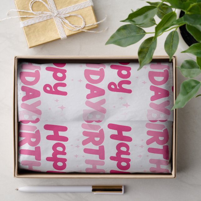 Papel De Seda Cheerful Sweet Pink 'Happy Birthday' Typography  (Presente)