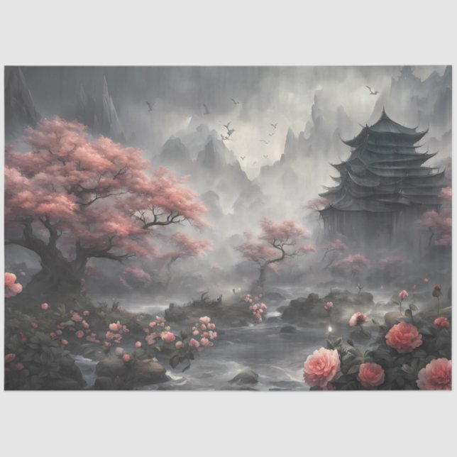 Papel De Seda Cherry Blossom Temple – Asian Fantasy Landscape  (Frente )