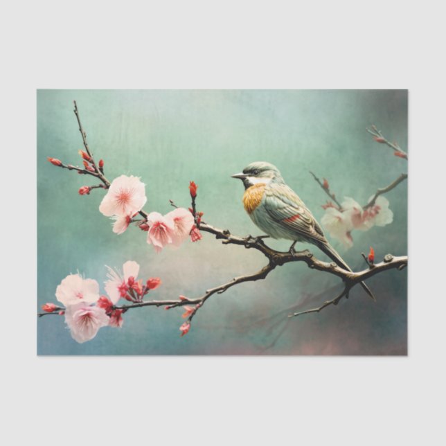 Papel De Seda Cherry Blossomo Sparrow Turquoise Sky Bird Floral (Frente )