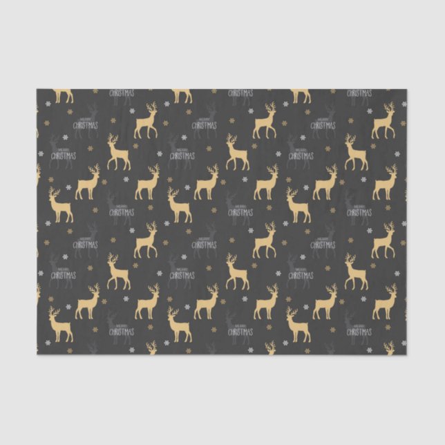 Papel De Seda Chic Black Dourado Reindeer Feliz Natal (Frente )