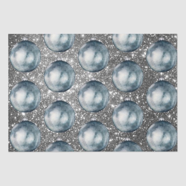 Papel De Seda Chic Blue Christmas Balls Silver Sparkles (Frente )